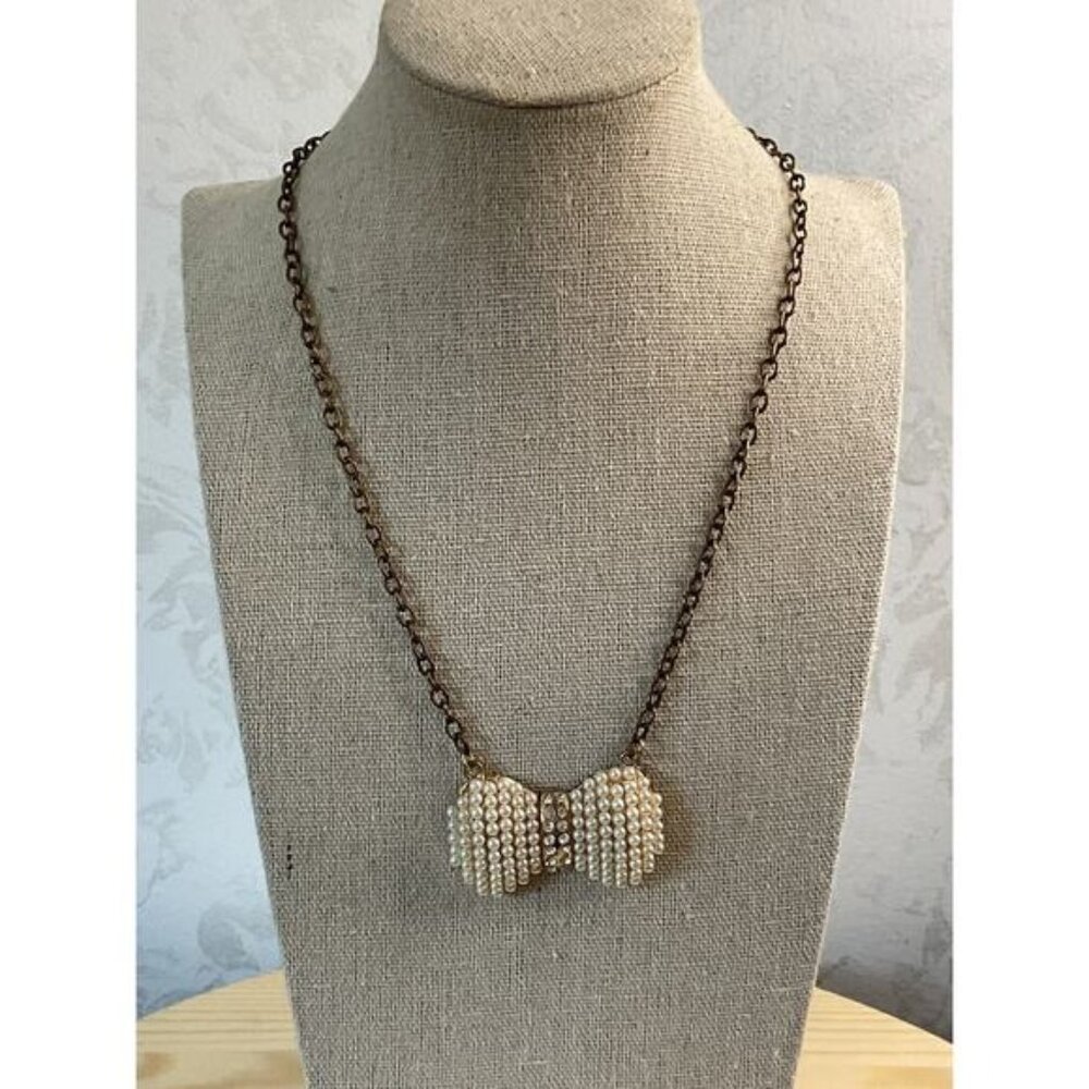 etc! Signed Copper Tone Chain Faux Pearl Clear Rhinestone Bowtie Necklace